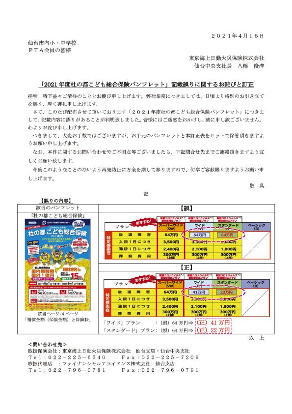 仙台市PTA協議会  小・中学生任意加入保険『杜の都 こども総合保険 